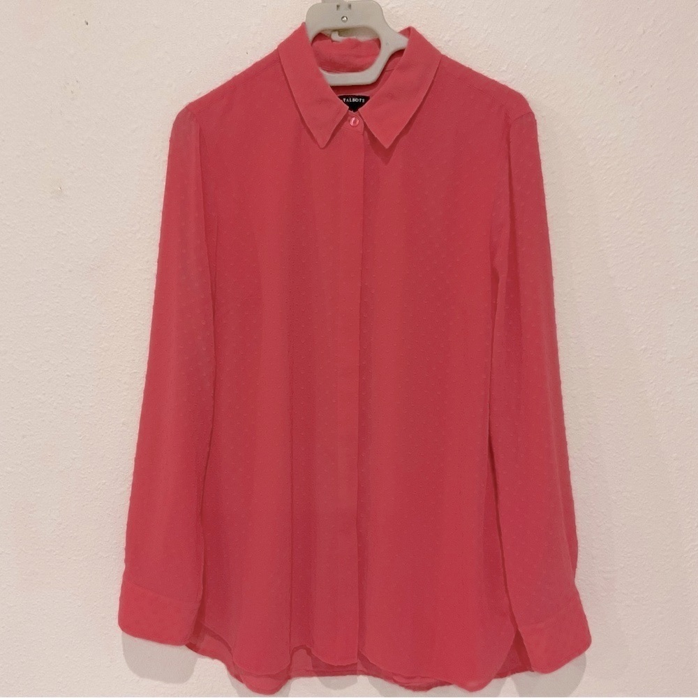 Talbots Button Down Blouse Raised Polka Dot Salmon Lined Top Women’s Size Large